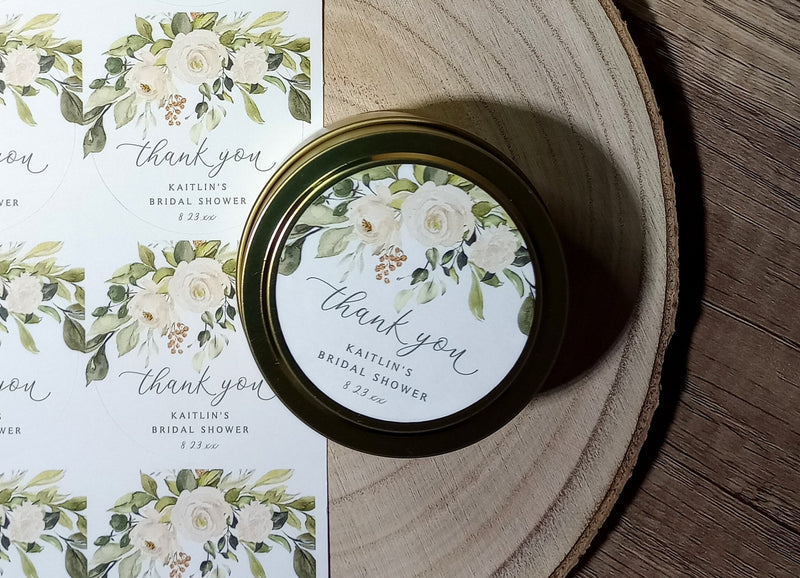 bridal shower favor sticker sheet with white floral and sage greenery design