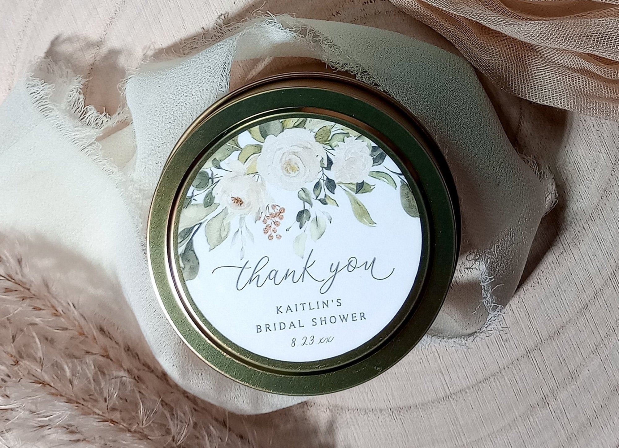 round matte sticker on candle lid with personalized bridal shower thank you