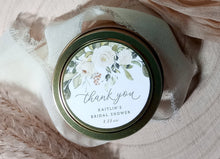 round matte sticker on candle lid with personalized bridal shower thank you