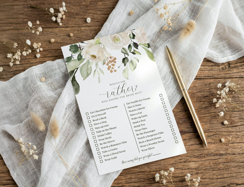 Floral-themed 'Who Knows the Bride?' game card on a wooden surface with dried flowers and a pen.