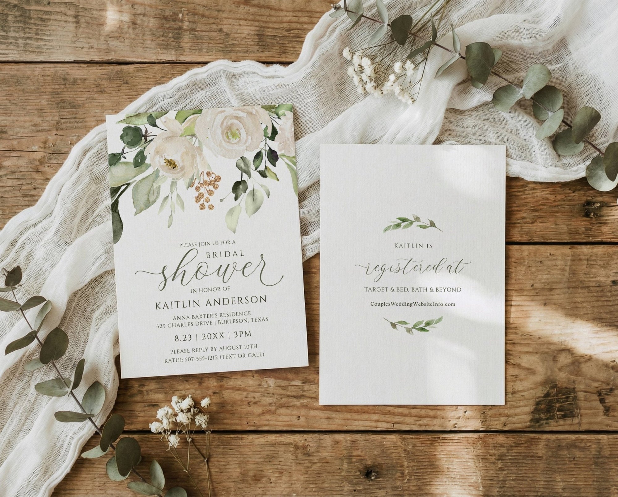 Bridal shower invitation with floral design on a wooden surface