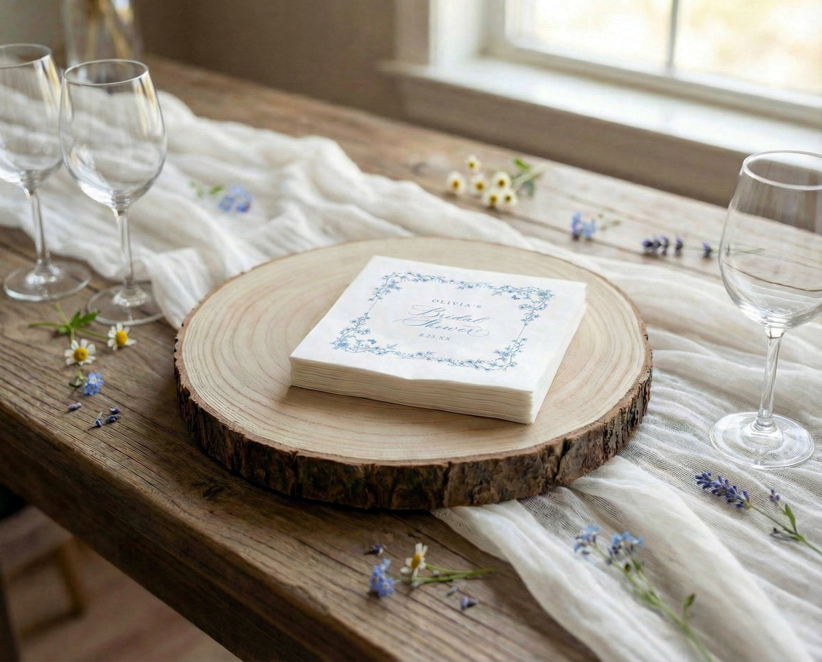A stack of white paper napkins with a delicate blue vintage floral border and cursive script sits on a round natural wood slice placemat on a rustic wooden table. The table is styled with white draped fabric, clear wine glasses, and small scattered wildflowers in a bright indoor setting.