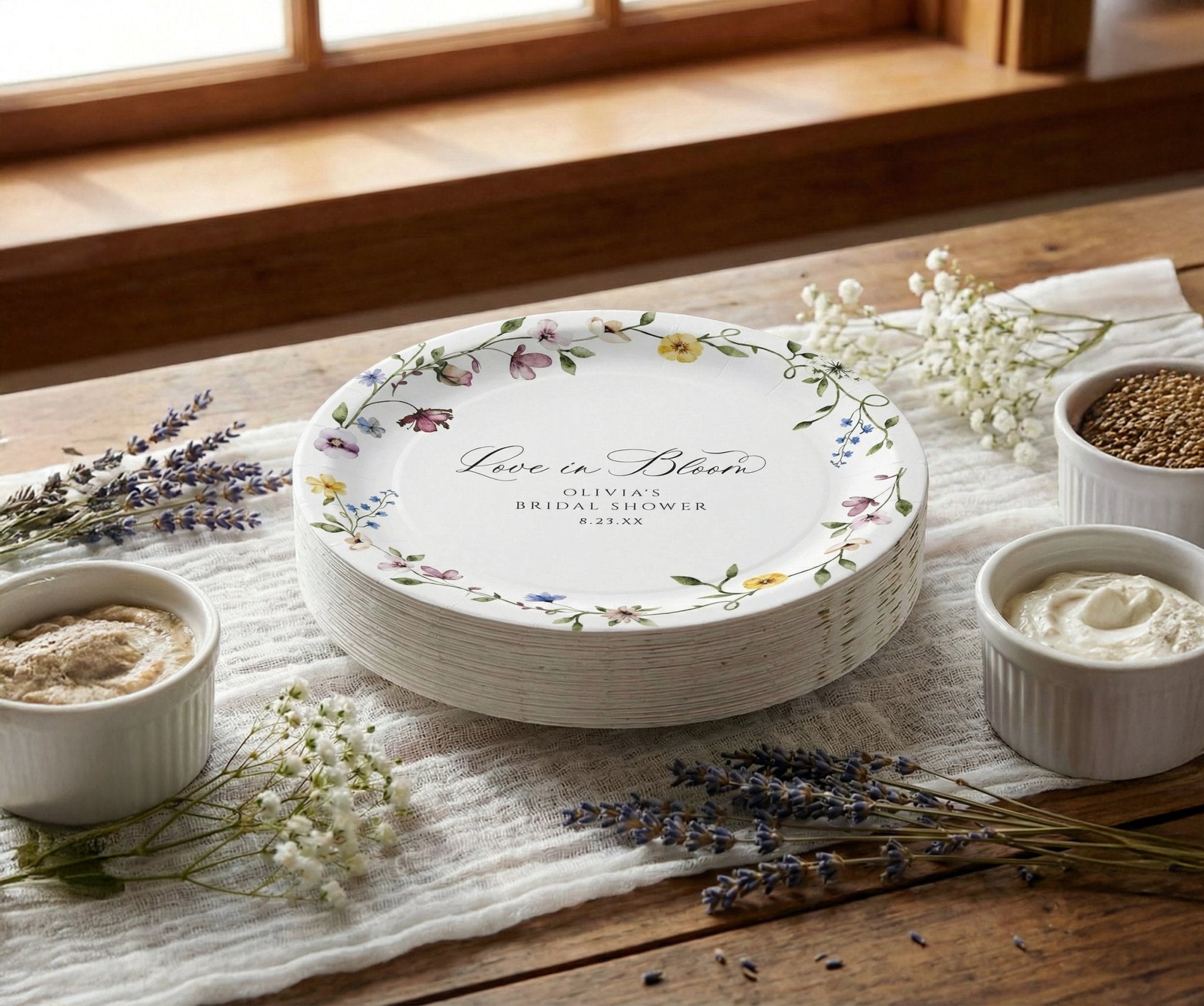 Personalized bridal shower paper plates in wildflower love in bloom design
