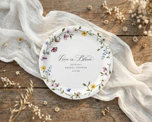 Bridal shower paper plates with watercolor wildflowers and love is in bloom script design