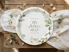 Sage green watercolor floral bridal shower paper plates with botanical flowers