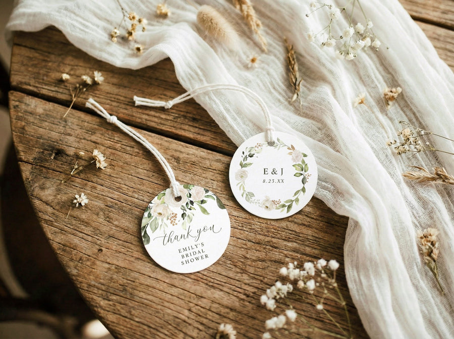 Round bridal shower favor tags with floral designs and initials on a wooden surface with lace and flowers.