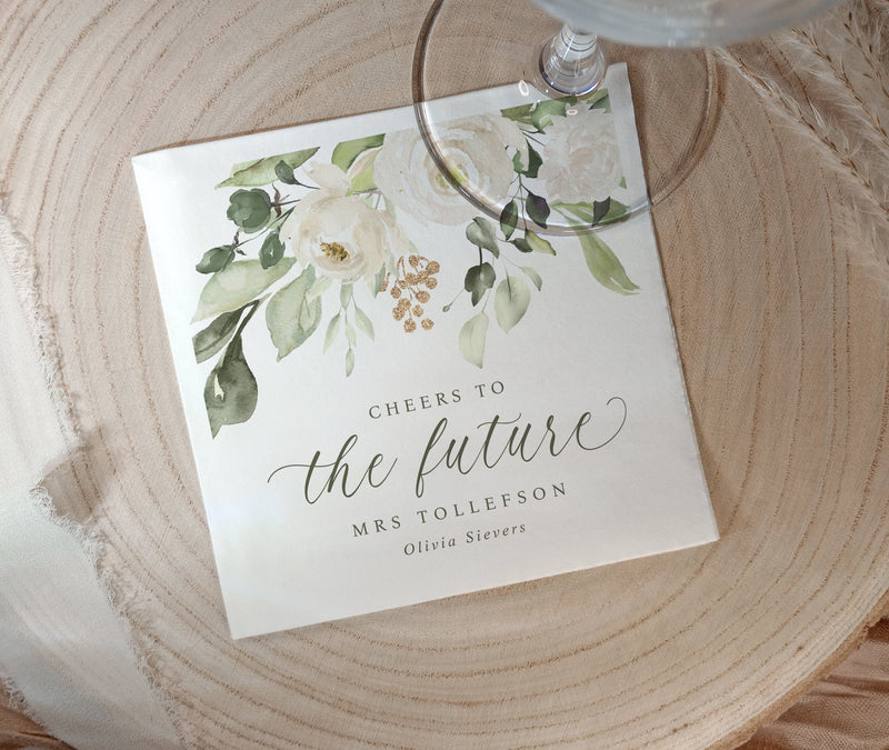 Bridal Shower Napkins with floral design and text on a wooden surface