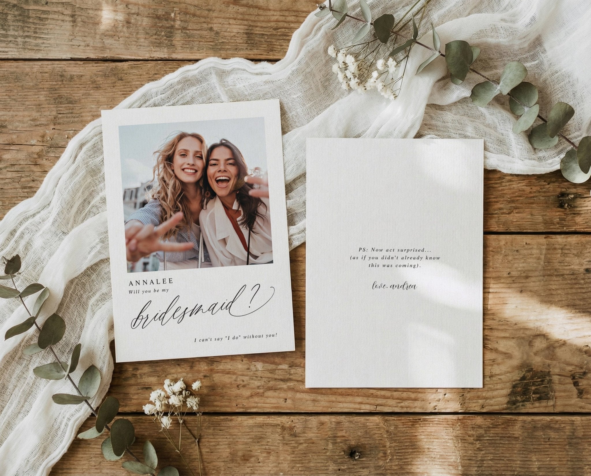 Bridesmaid proposal card with photo and modern calligraphy script design