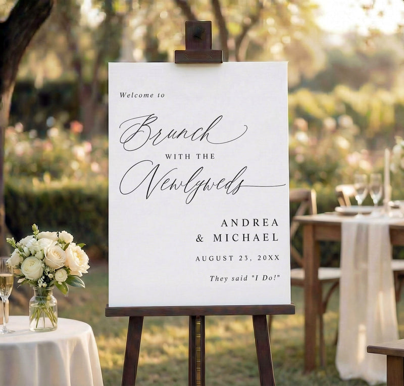 Brunch with the newlyweds welcome sign in black and white on foam board