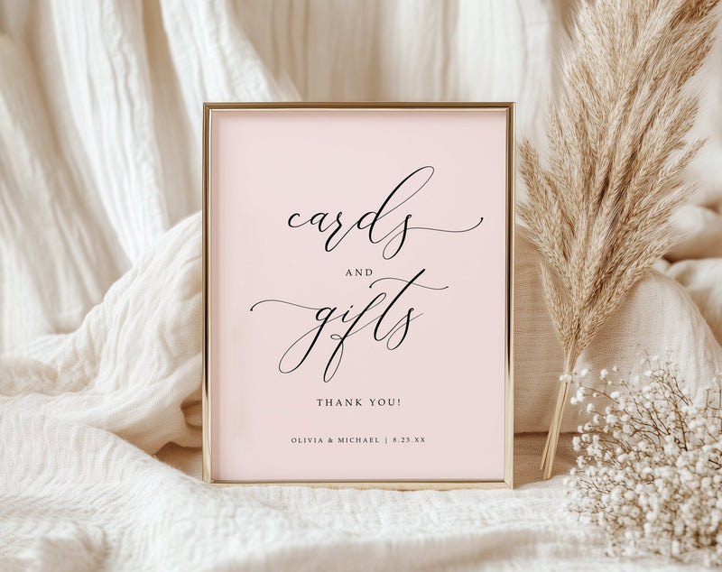 Light Blush Pink sign with 'cards and gifts' text on a soft background