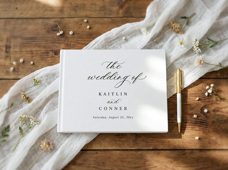 Classic black and white wedding guest book with elegant calligraphy and traditional script
