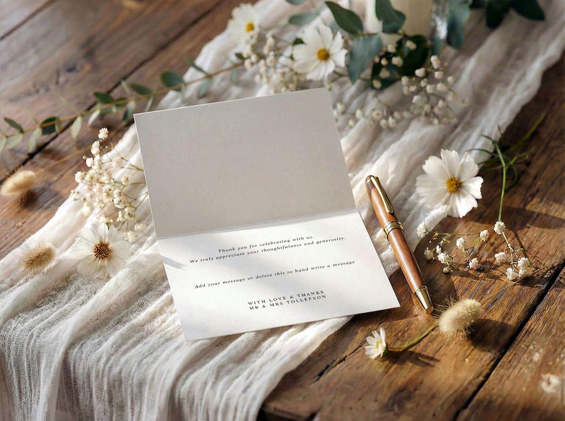 Open wedding thank you card with a pen on a wooden surface with flowers