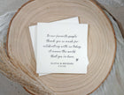 Love note wedding cocktail napkin with black ink message on wood plate