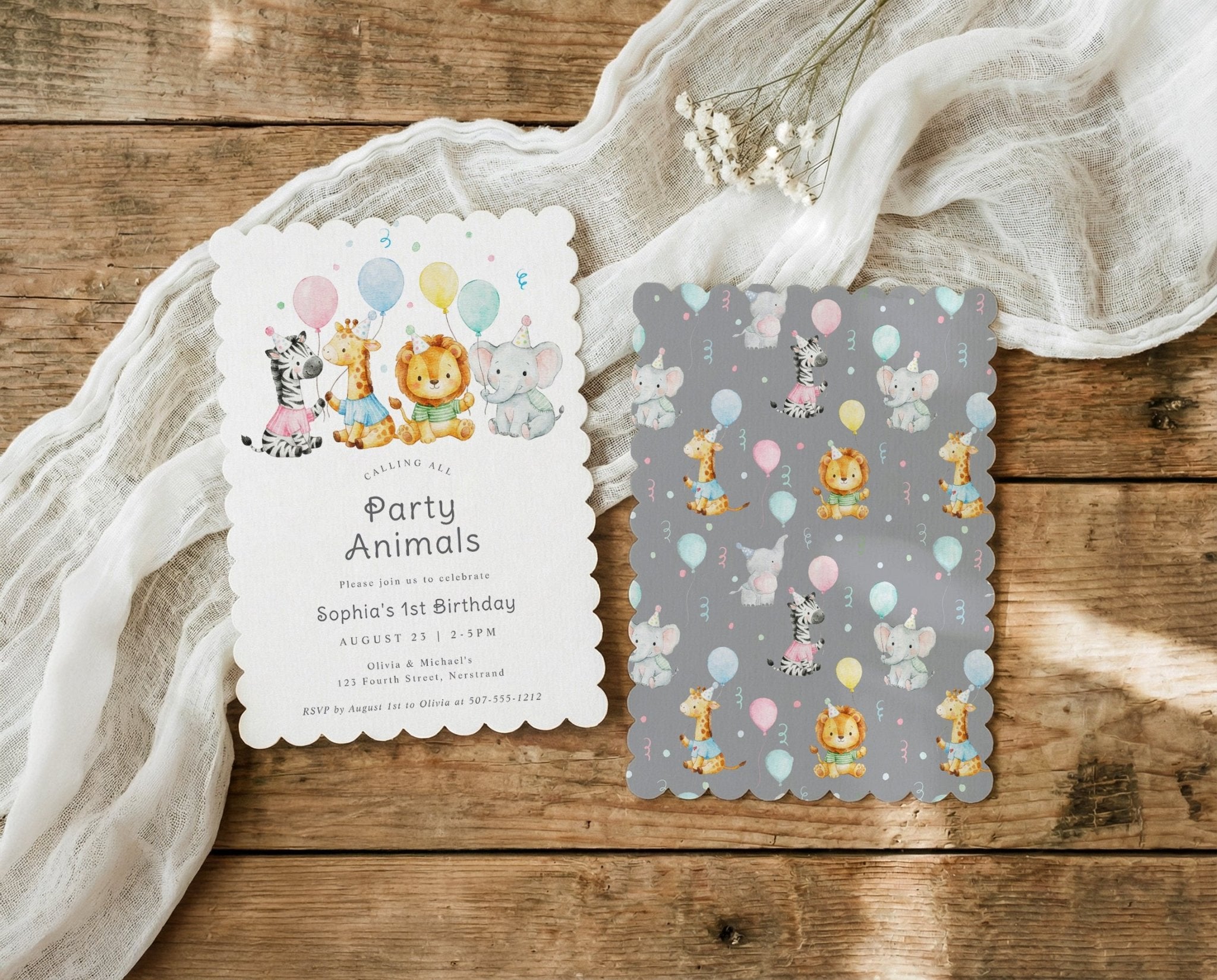 Calling all party animals kids birthday invitation with elephant lion giraffe zebra balloons