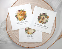Custom dog cocktail napkins with watercolor pet portrait in fall wreath with burgundy roses and sunflowers