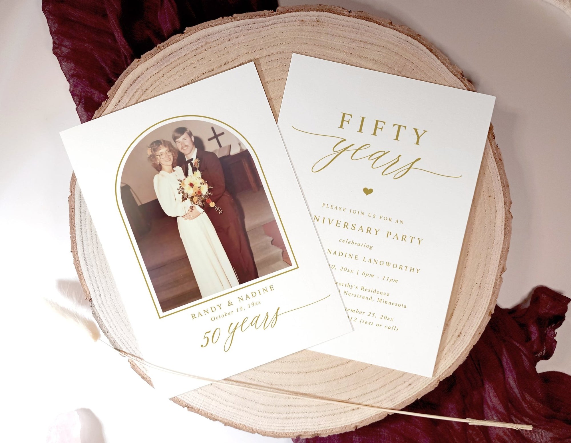 Elegant gold 50th wedding anniversary invitation with modern calligraphy script