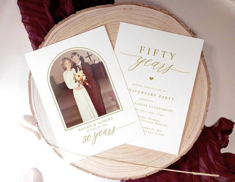 Elegant gold 50th wedding anniversary invitation with modern calligraphy script