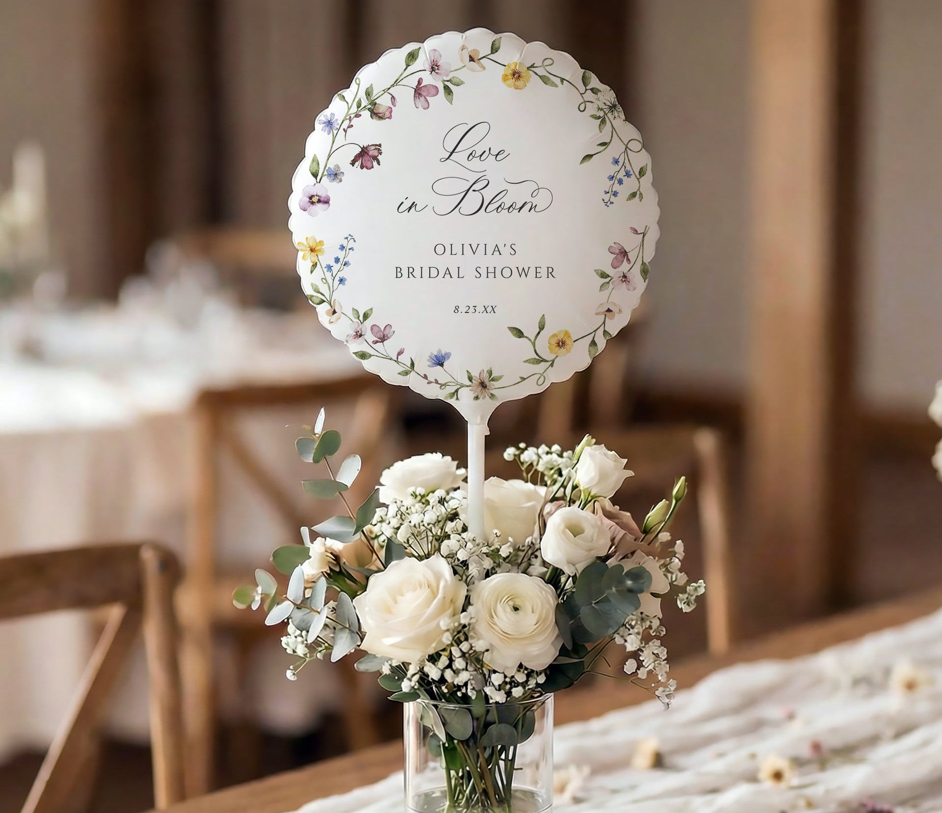 Bridal shower balloon with colorful wildflower watercolor flowers and elegant floral design