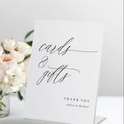 Elegant modern calligraphy sign reading “Cards & Gifts” styled with floral décor.