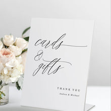 Elegant modern calligraphy sign reading “Cards & Gifts” styled with floral décor.
