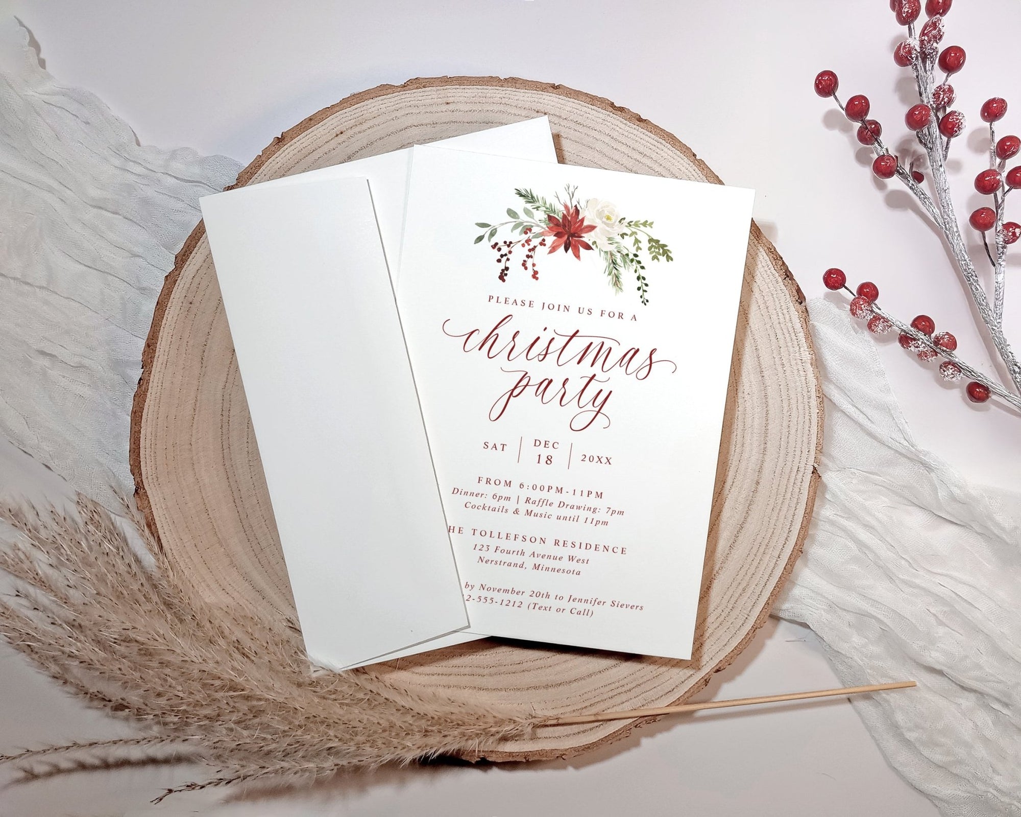 Christmas party invitation card on a wooden surface with decorative elements