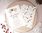 Elegant watercolor Christmas invitation with winter greenery and calligraphy script.