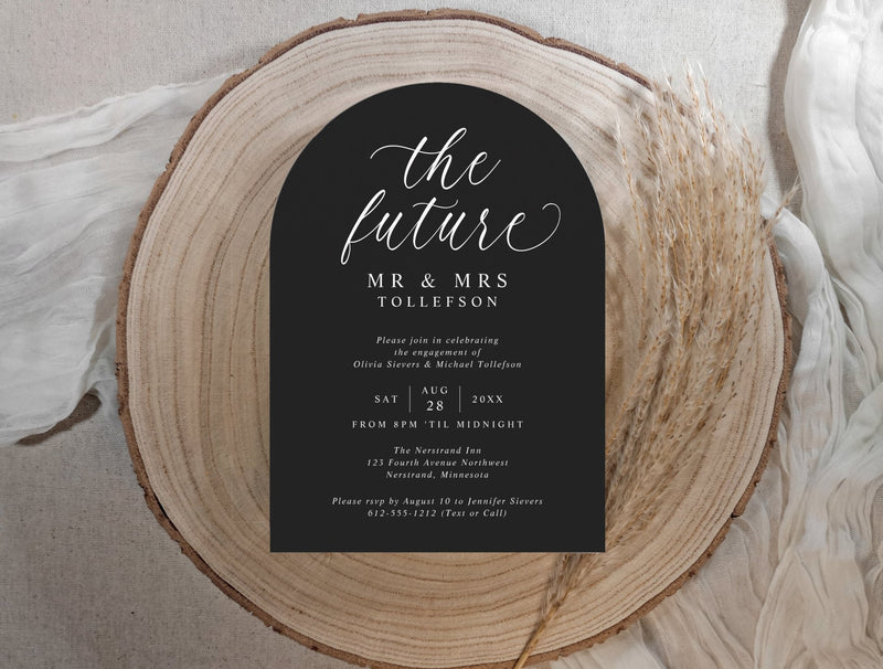 Modern black arch engagement party invitation with elegant white script typography.
