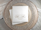 Romantic gold foil engagement party napkin personalized for cocktail hour or dessert table
