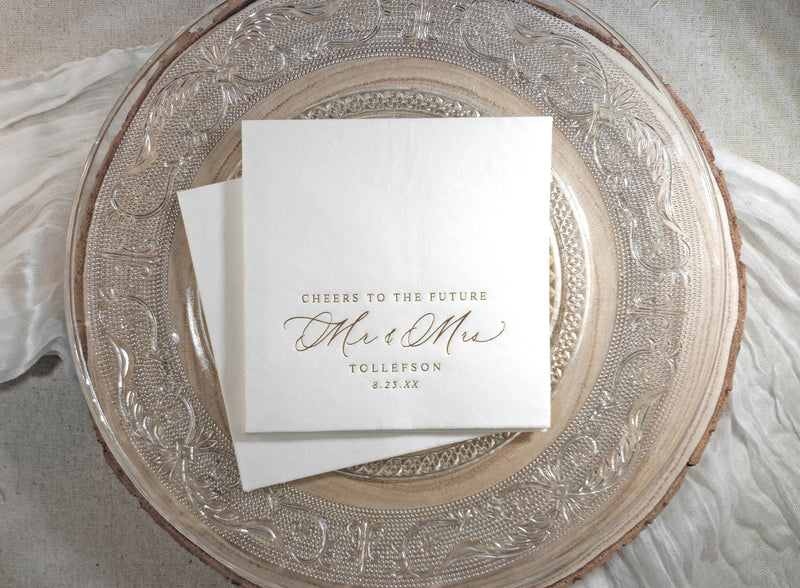Romantic gold foil engagement party napkin personalized for cocktail hour or dessert table