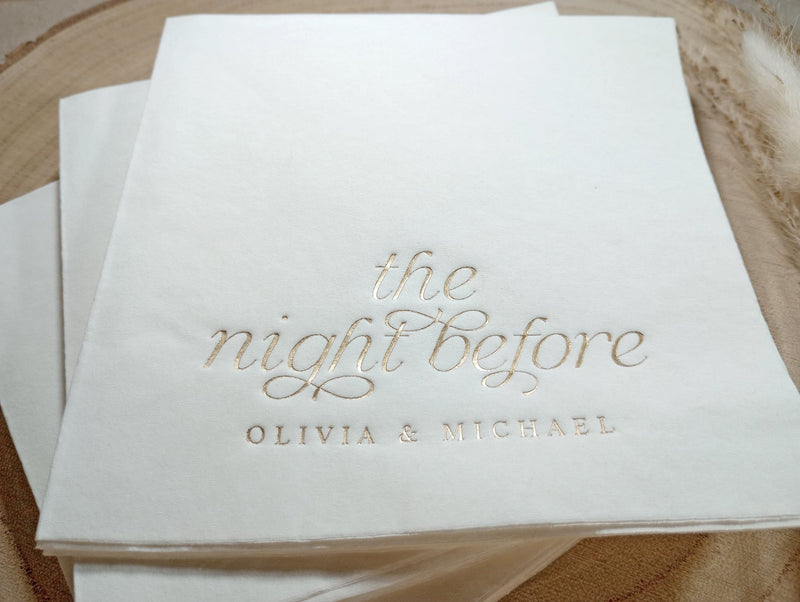 Close-up of metallic foil script on luxury rehearsal dinner napkin