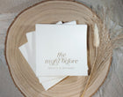 Foil stamped rehearsal dinner napkin with “the night before” in elegant script
