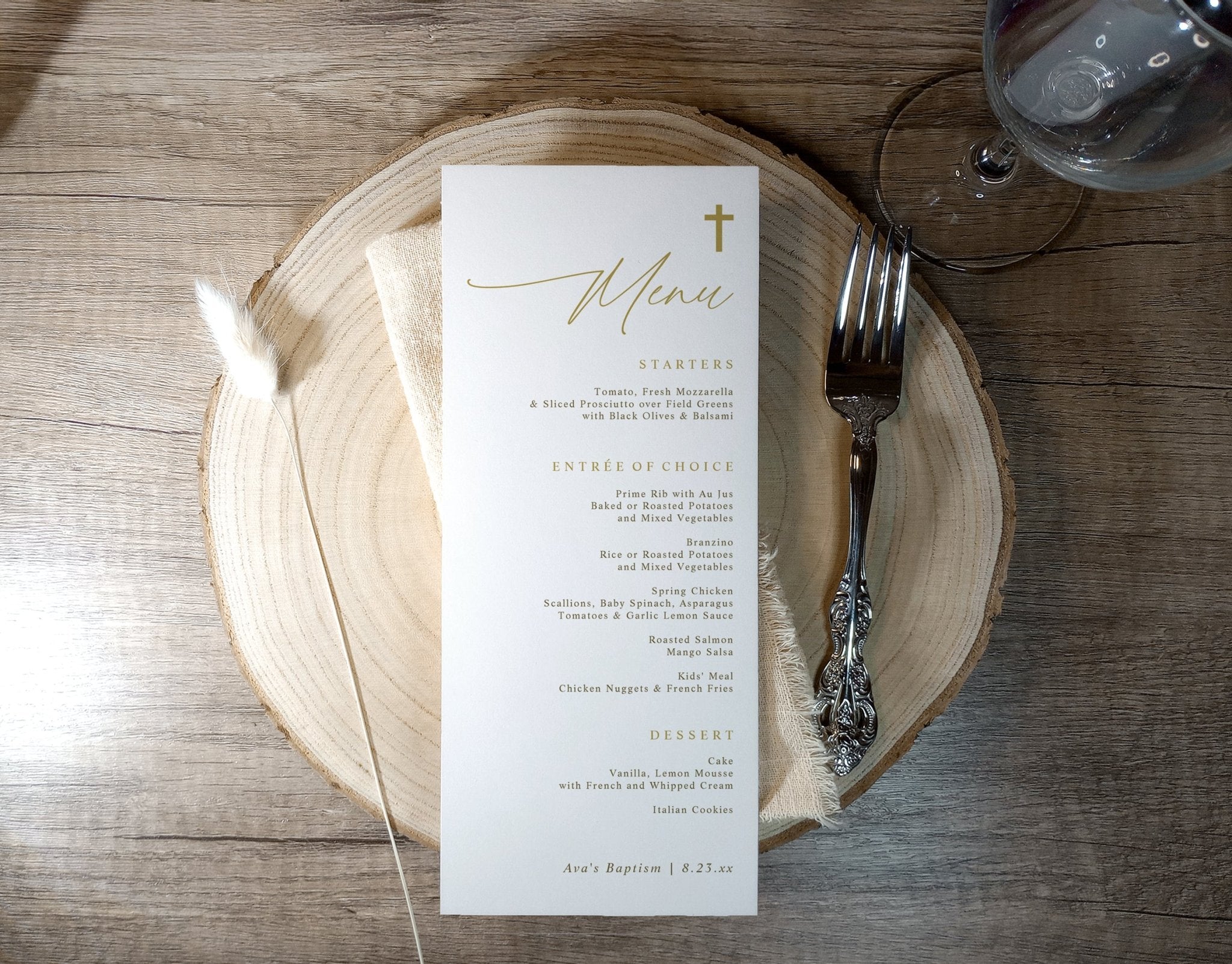 Custom printed gold cross baptism menu with minimalist script and elegant layout