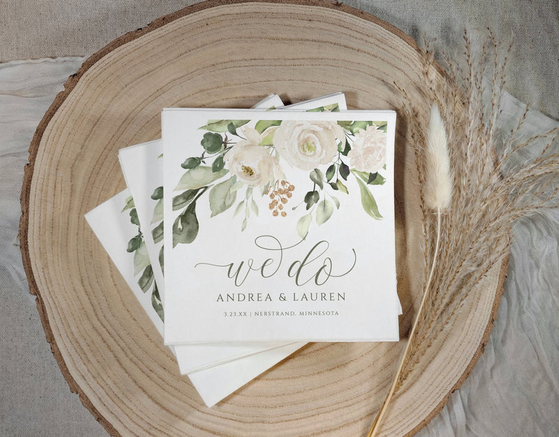 Elegant floral wedding napkin featuring greenery and white roses design