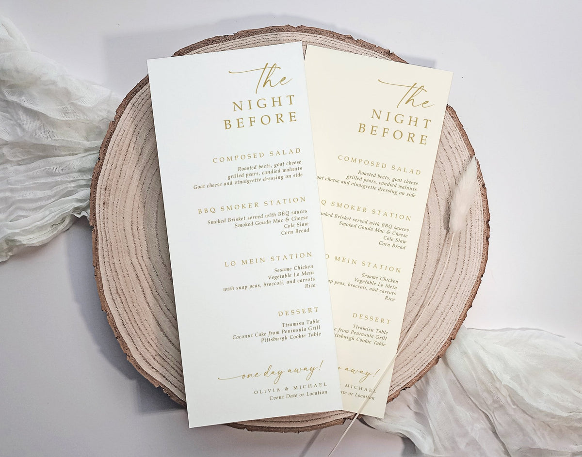 Elegant gold wedding rehearsal dinner menus