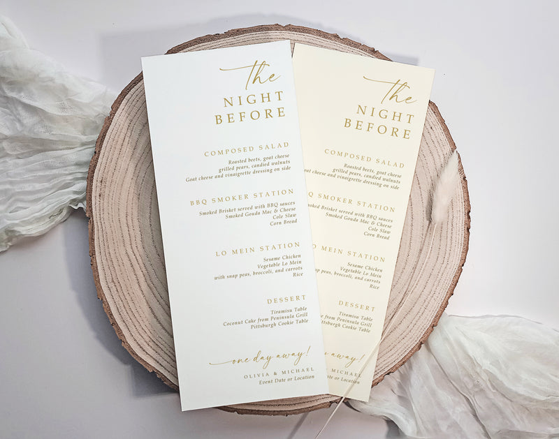 Elegant gold wedding rehearsal dinner menus