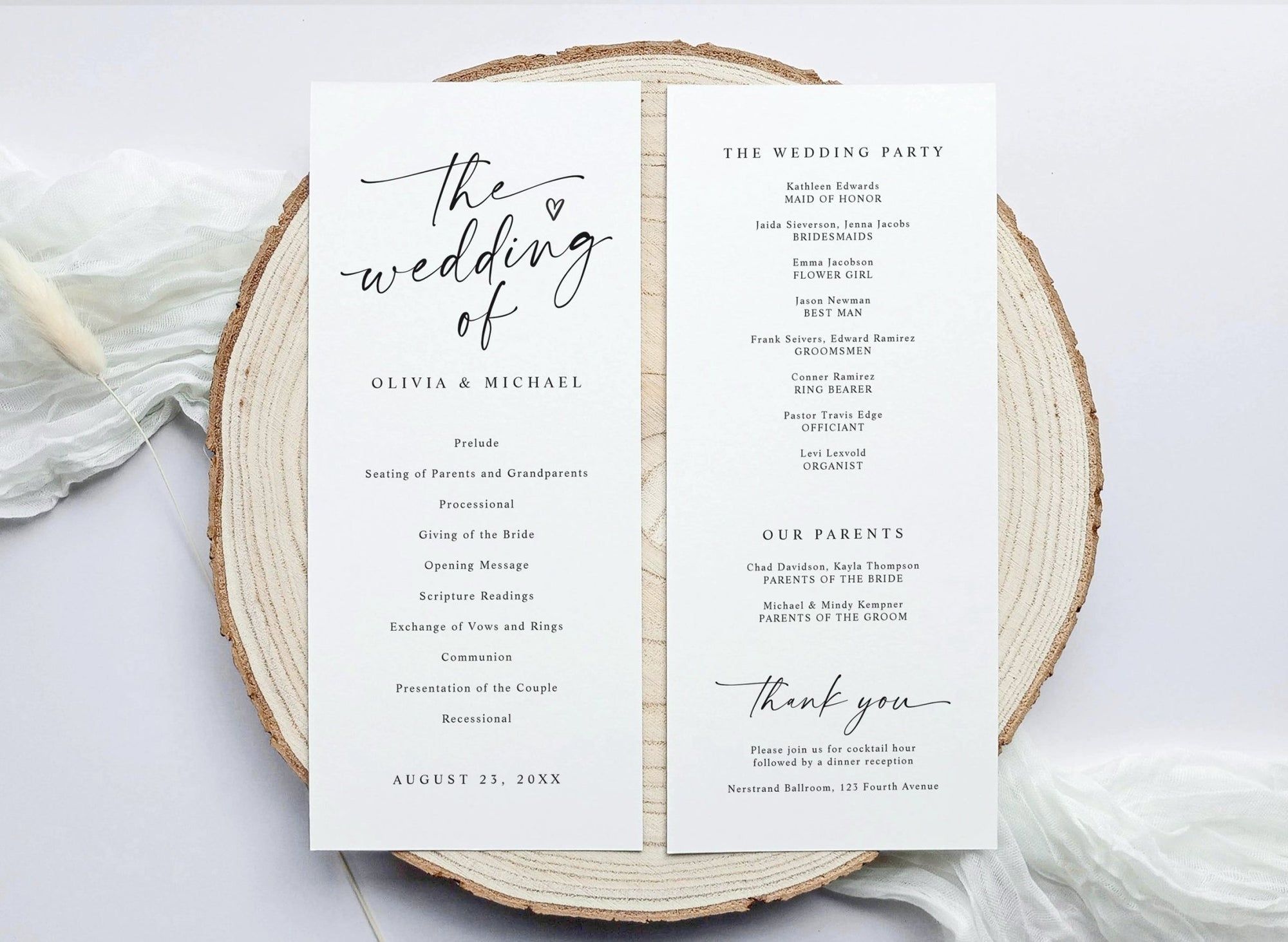 Wedding program on a wooden slice with a white background