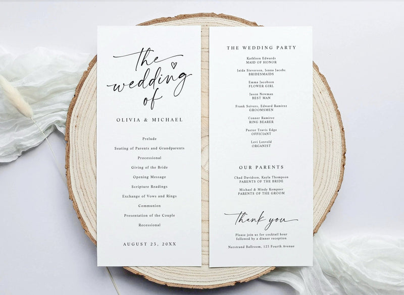 Wedding program on a wooden slice with a white background