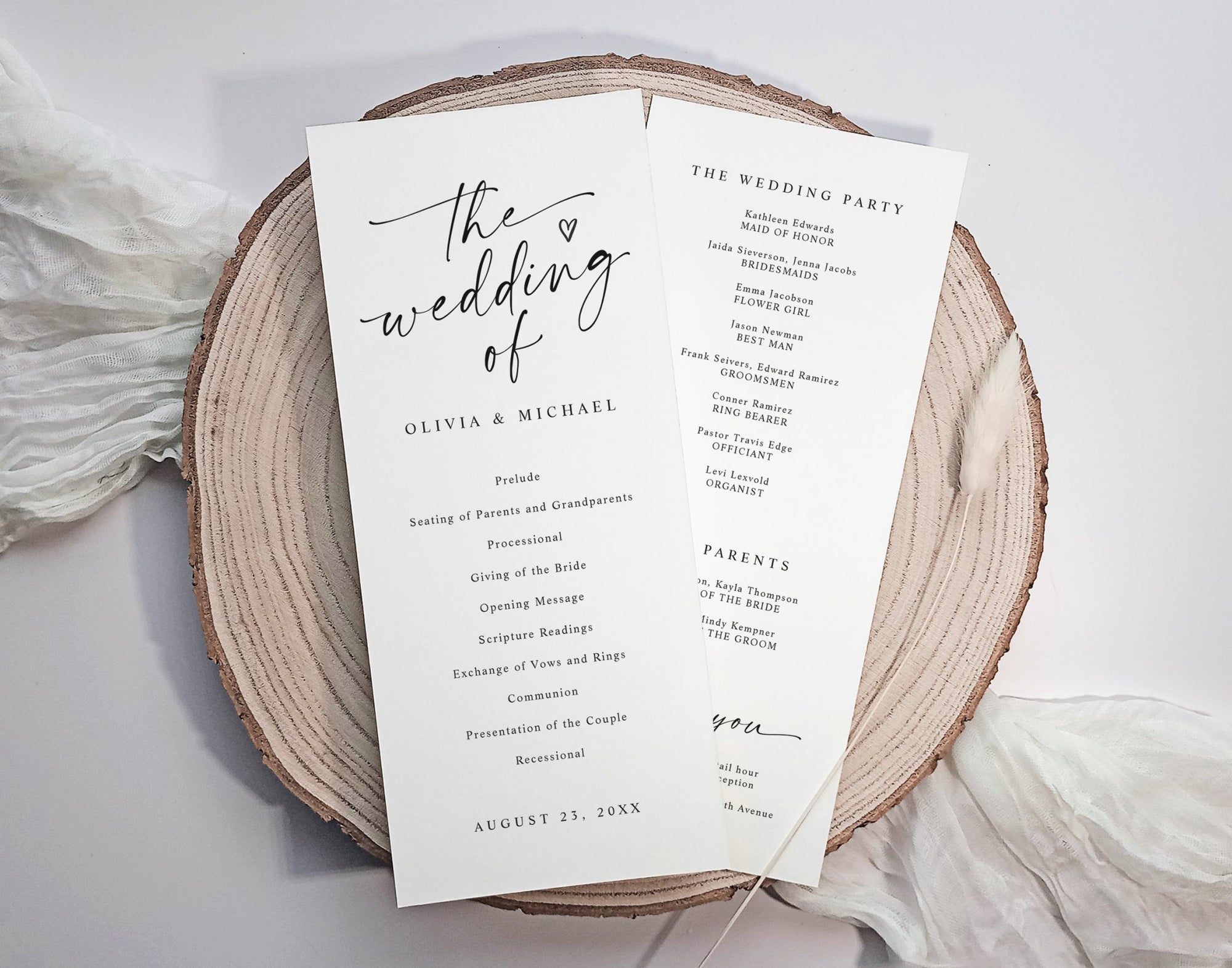 Modern black and white wedding program with elegant script, heart, and ceremony details.