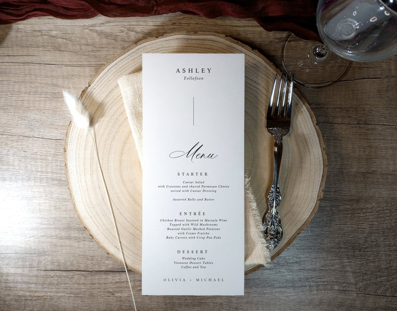 Minimalist black and white guest name menu card with elegant typography design