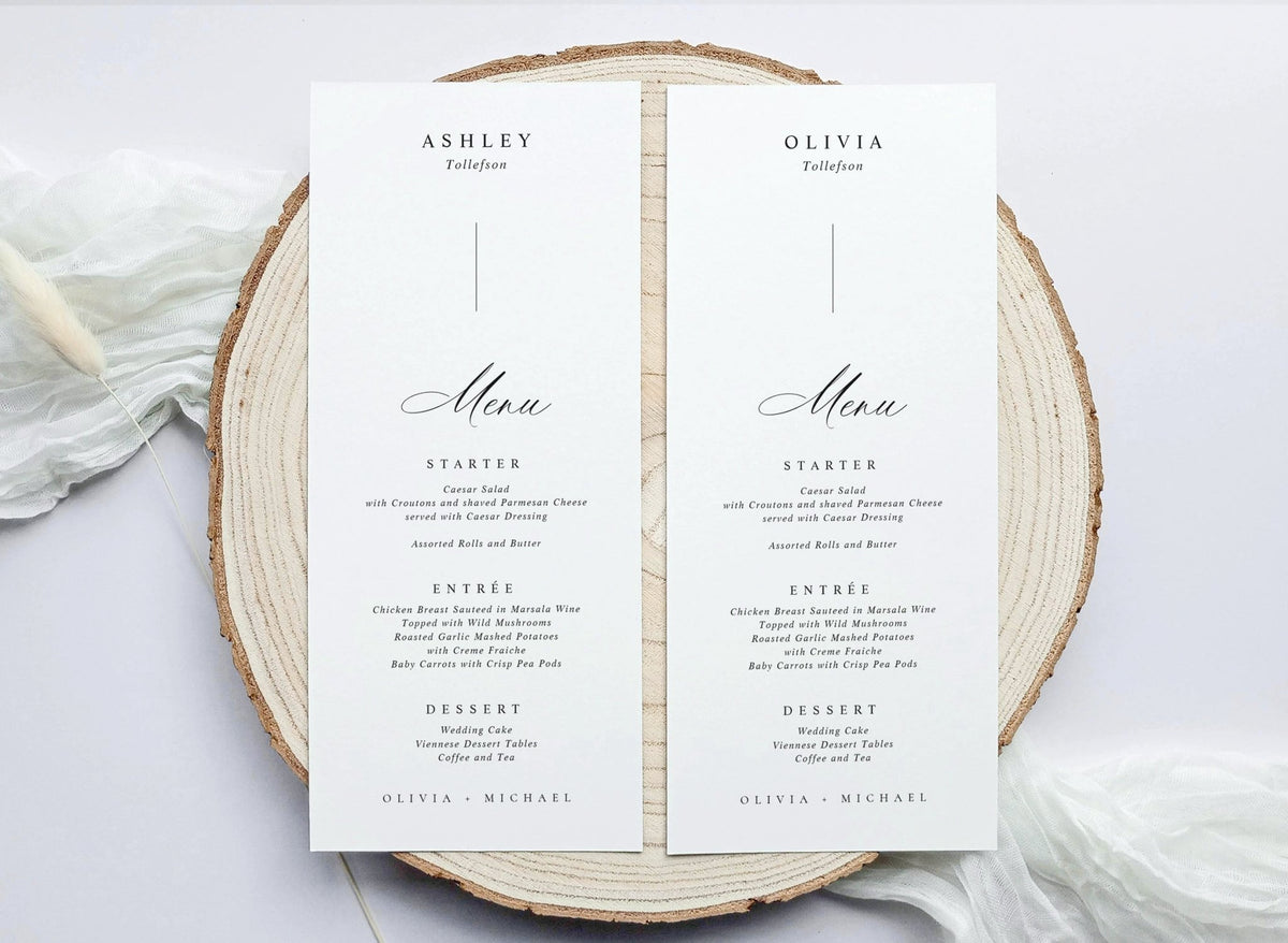 Elegant Minimalist Black & White Guest Name Menu | Karma K. Weddings