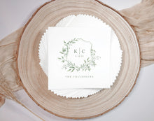 Elegant sage green wedding napkin with watercolor crest and initials