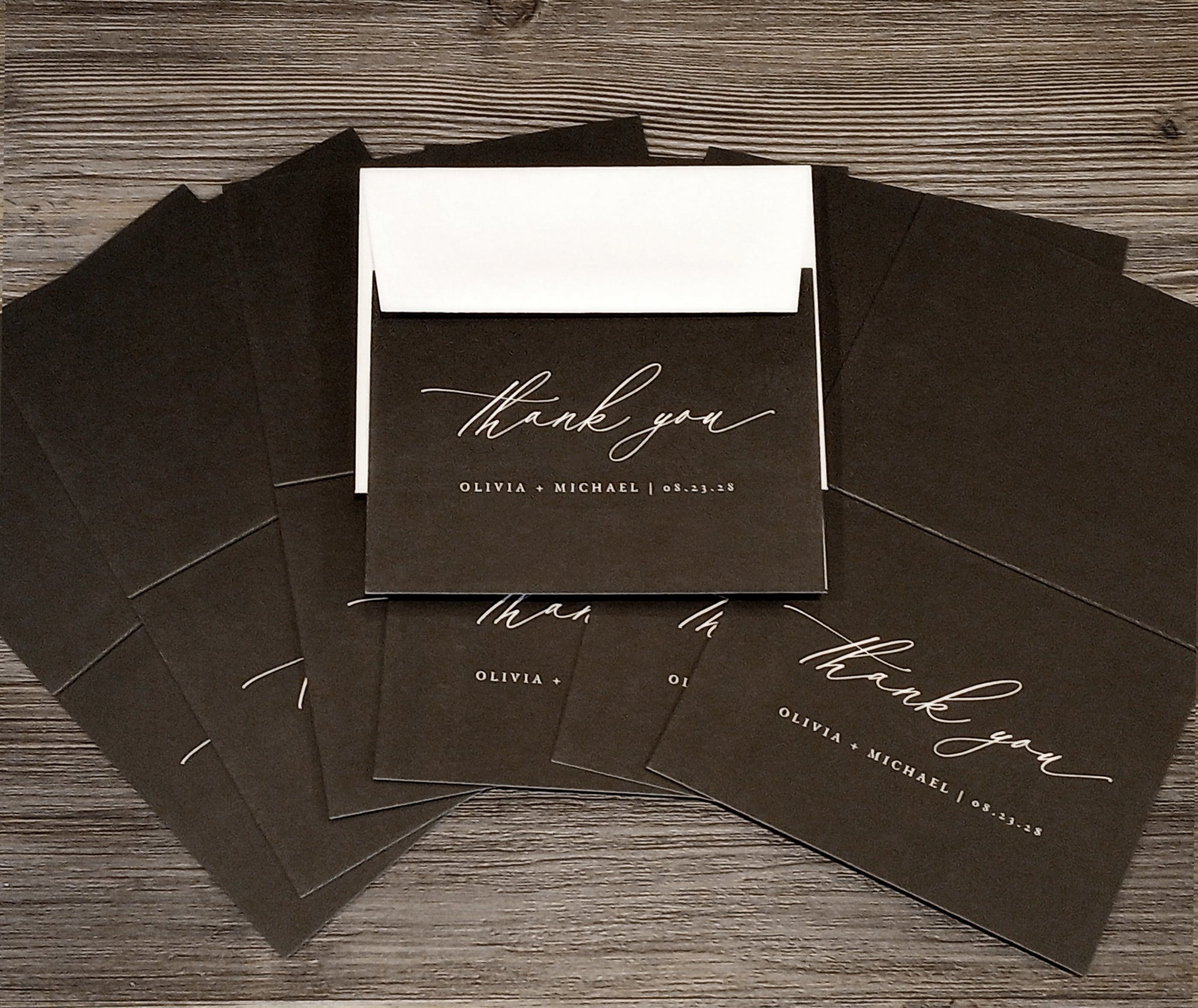 personalized wedding thank you cards with envelopes in black and white design