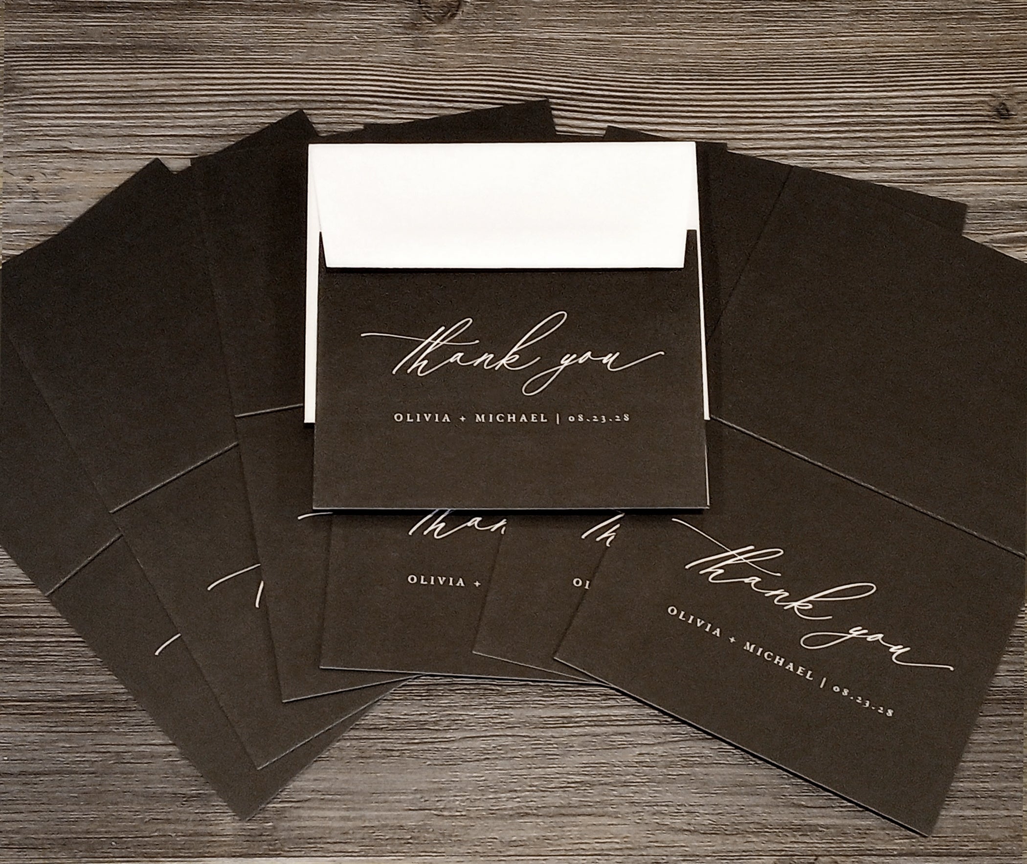 personalized wedding thank you cards with envelopes in black and white design