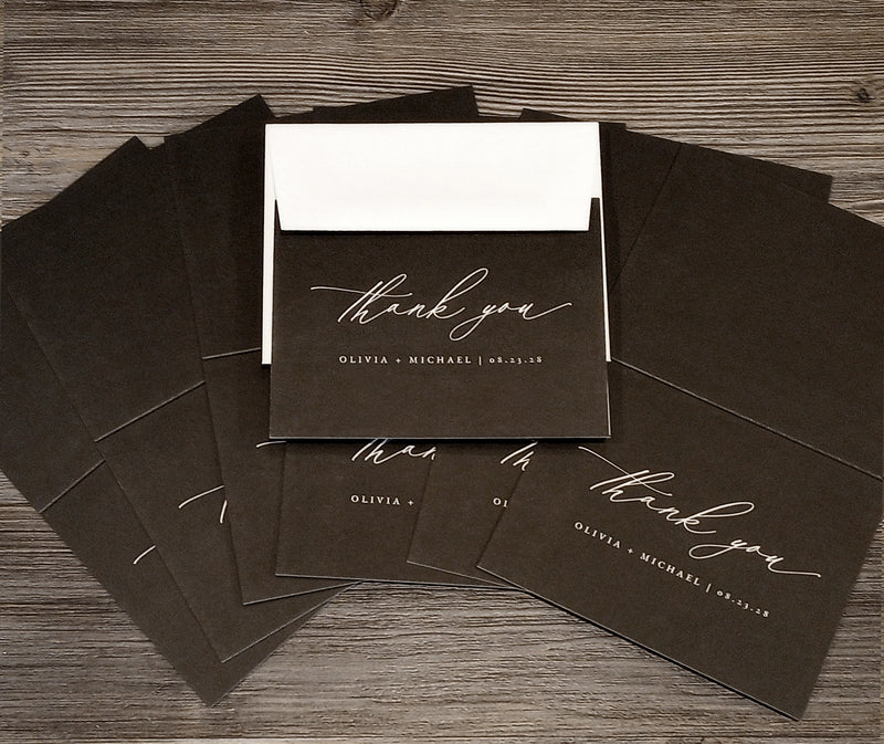 personalized wedding thank you cards with envelopes in black and white design