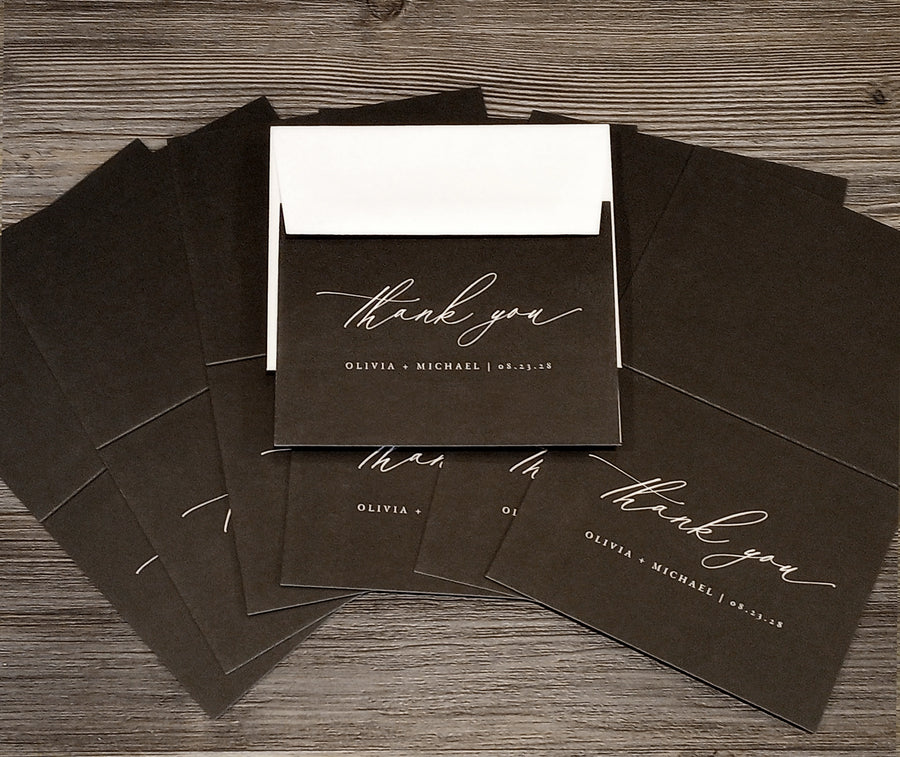 personalized wedding thank you cards with envelopes in black and white design