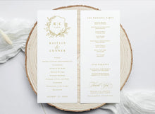 Printed order of service card with vintage crest and gold calligraphy