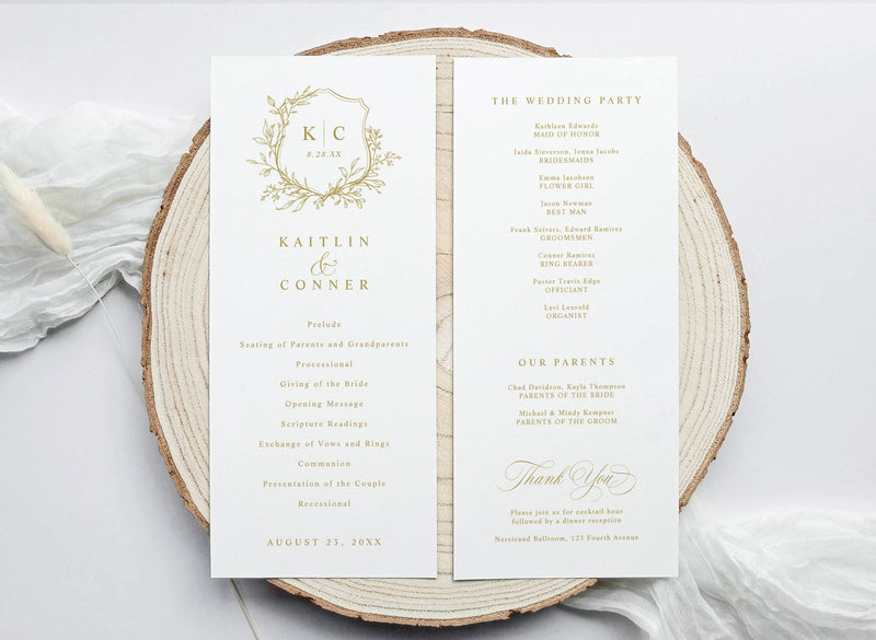 Printed order of service card with vintage crest and gold calligraphy