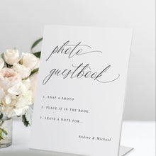Freestanding “Photo Guestbook” wedding sign in romantic calligraphy with step-by-step instructions.