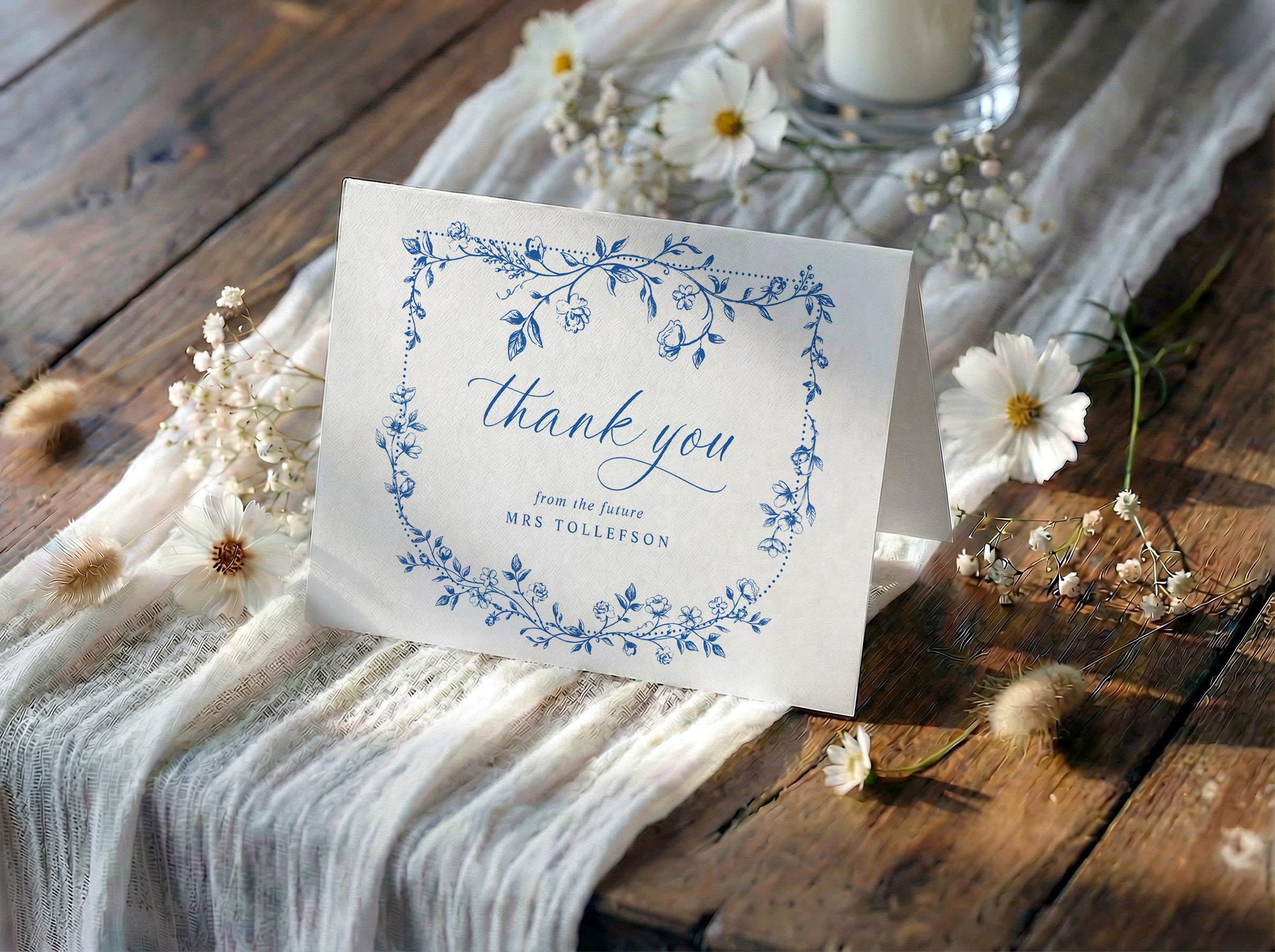 Something Blue French toile bridal shower thank you card with blue and white floral botanical frame.