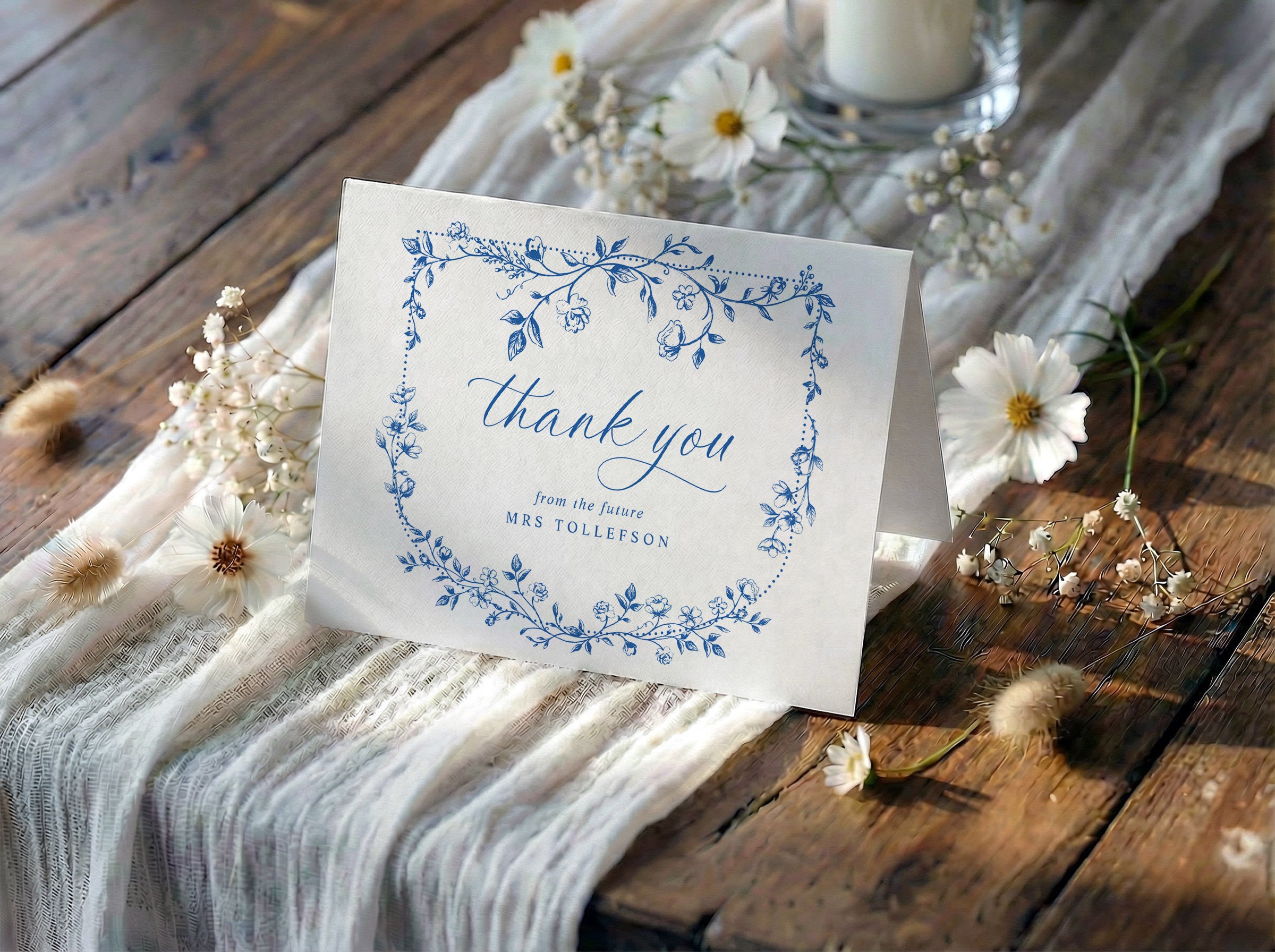 Something Blue French toile bridal shower thank you card with blue and white floral botanical frame.